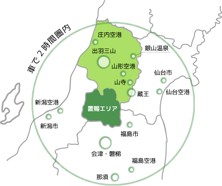 東北南部における山形県の位置
